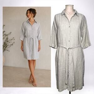 TAHARI 100% Linen Button Front Shirt Dress Light Gray Coastal Garden Tea Party M